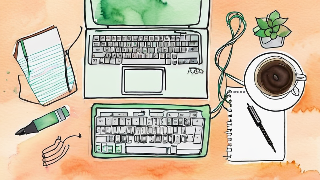 ノートPC、手書きメモ、マイコンボード、コーヒーカップが並ぶ作業デスクの水彩イラスト