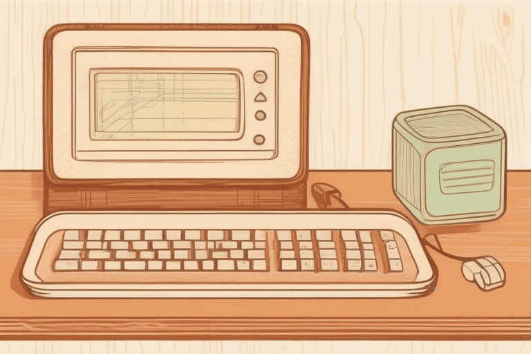 完成品イメージ：レトロなモニタとキーボードでBASICが動く机まわり