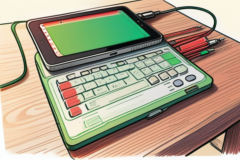 完成品イメージ：机の上でケーブルにつながれたタブレットとキーボード